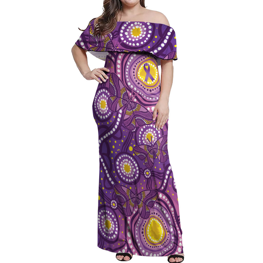 Australia Indigenous World Cancer Day Purple Aboriginal Off Shoulder Maxi Dress Butterfly Ribbon