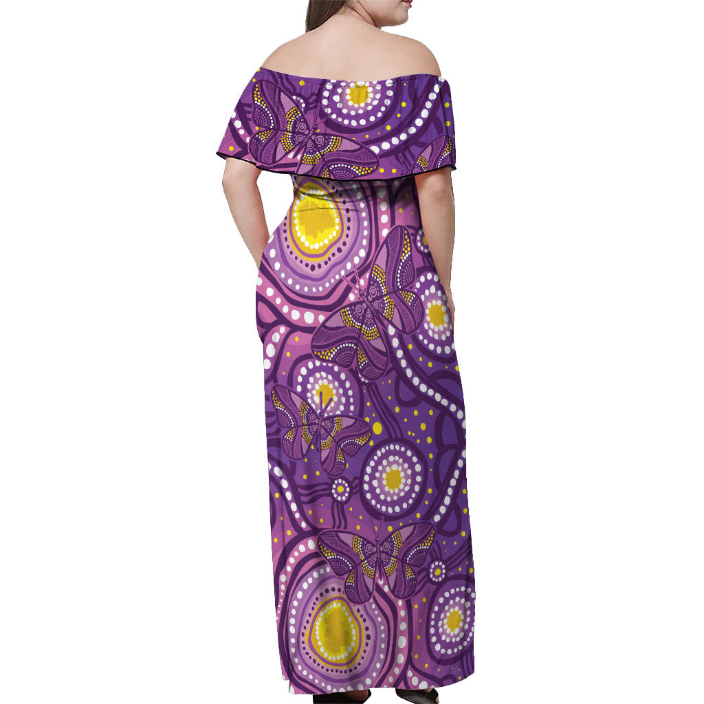 Australia Indigenous World Cancer Day Purple Aboriginal Off Shoulder Maxi Dress Butterfly Ribbon