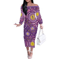 Australia Indigenous World Cancer Day Purple Aboriginal Off The Shoulder Long Sleeve Dress Butterfly Ribbon