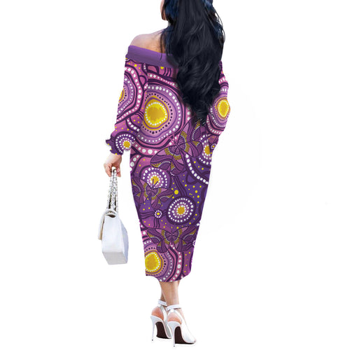 Australia Indigenous World Cancer Day Purple Aboriginal Off The Shoulder Long Sleeve Dress Butterfly Ribbon