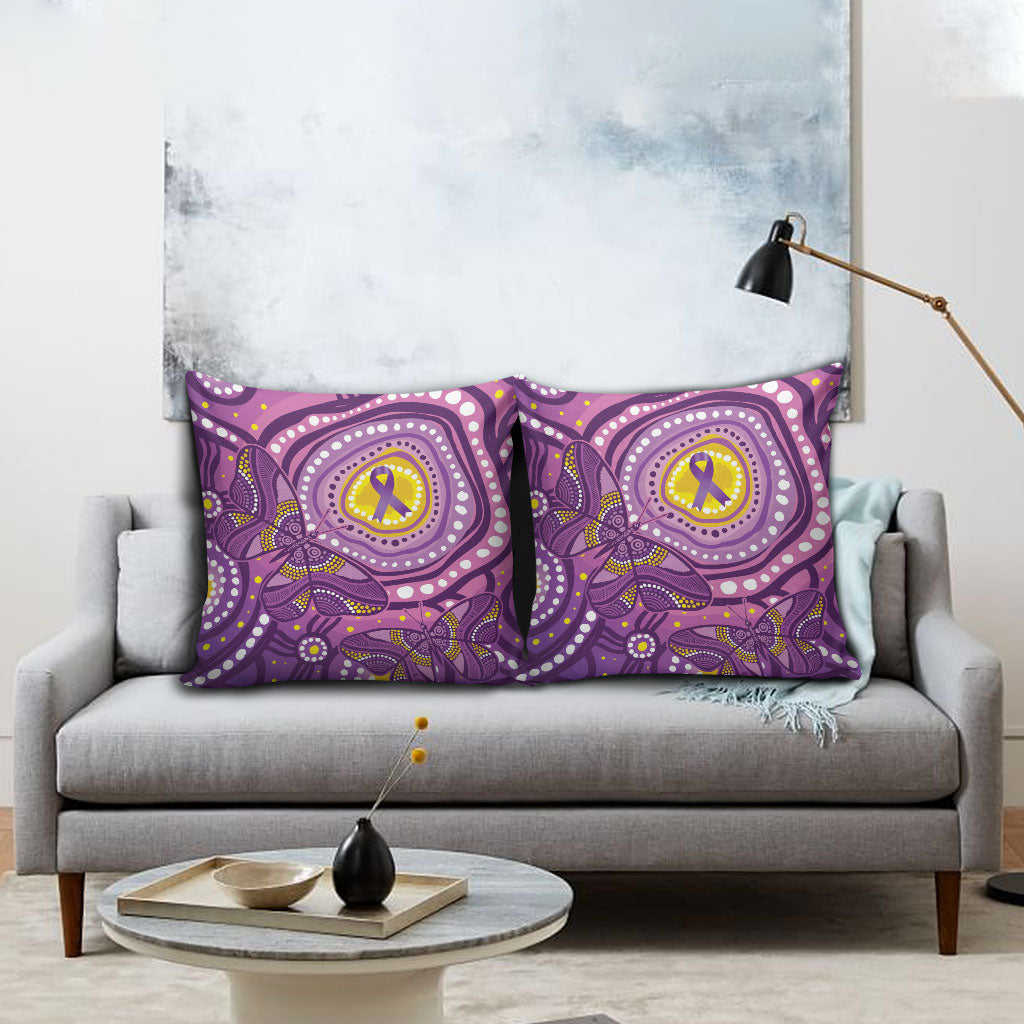 Australia Indigenous World Cancer Day Purple Aboriginal Pillow Cover Butterfly Ribbon