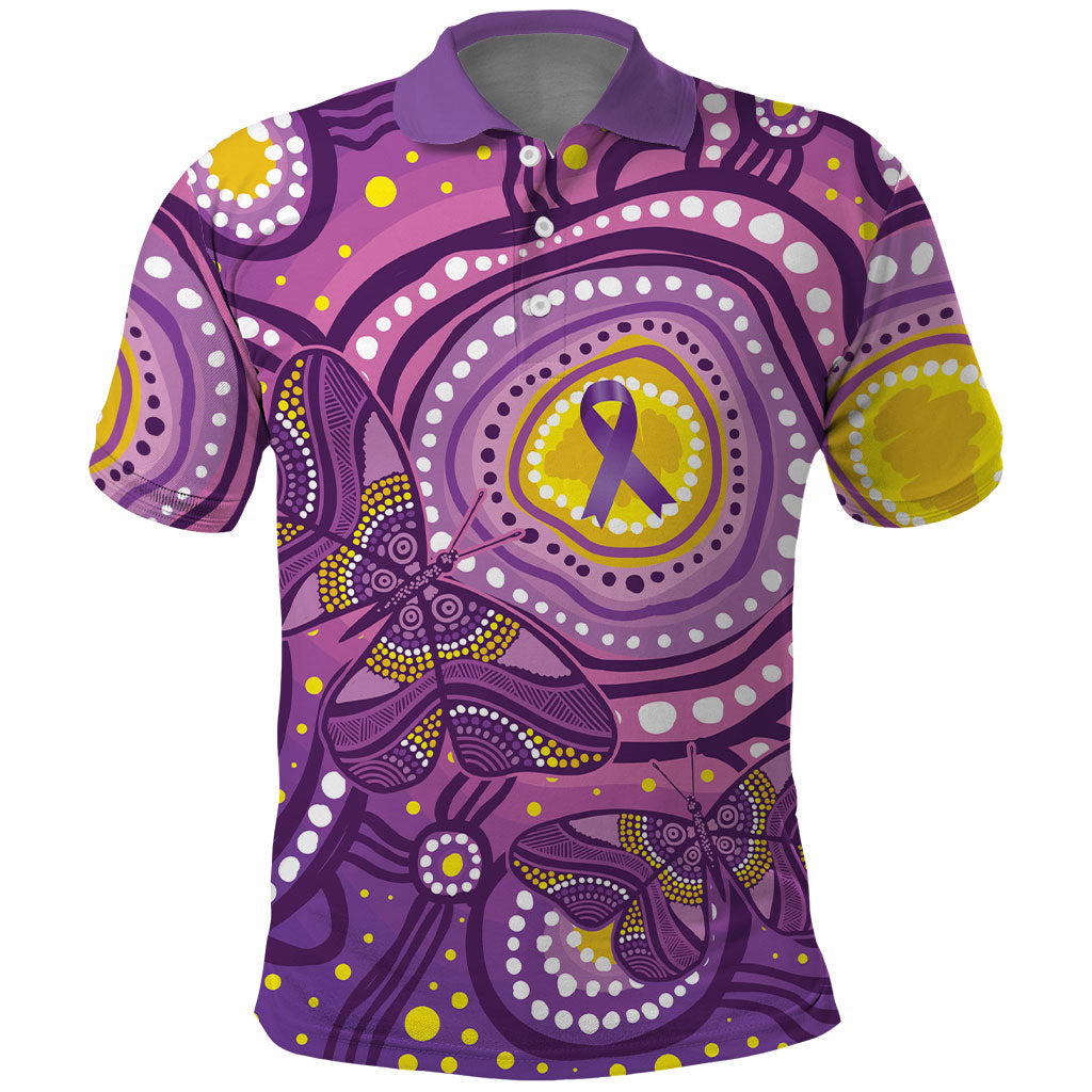 Australia Indigenous World Cancer Day Purple Aboriginal Polo Shirt Butterfly Ribbon