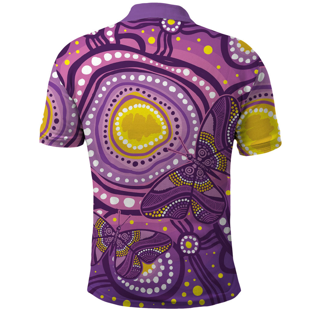 Australia Indigenous World Cancer Day Purple Aboriginal Polo Shirt Butterfly Ribbon