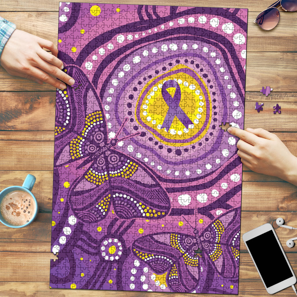 Australia Indigenous World Cancer Day Purple Aboriginal Puzzle Butterfly Ribbon