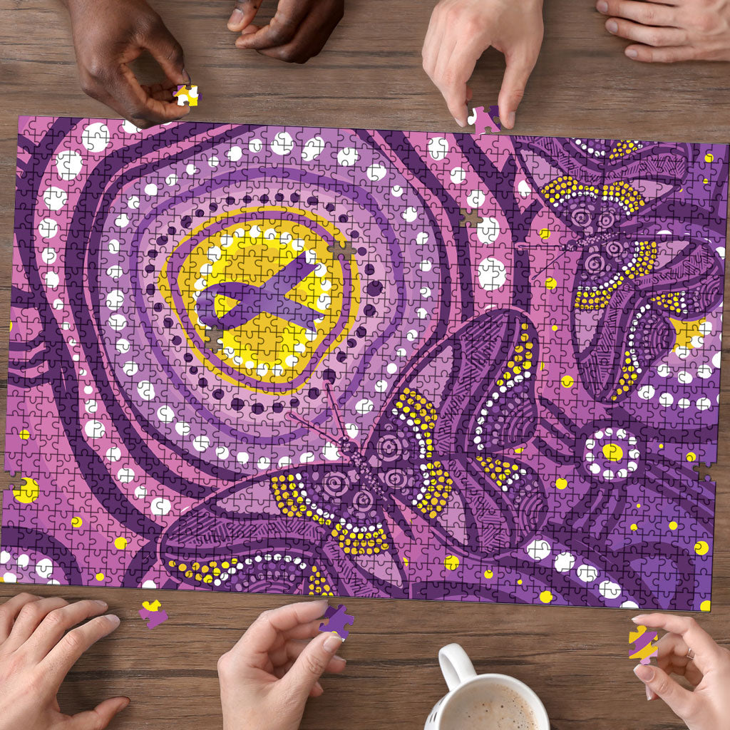 Australia Indigenous World Cancer Day Purple Aboriginal Puzzle Butterfly Ribbon