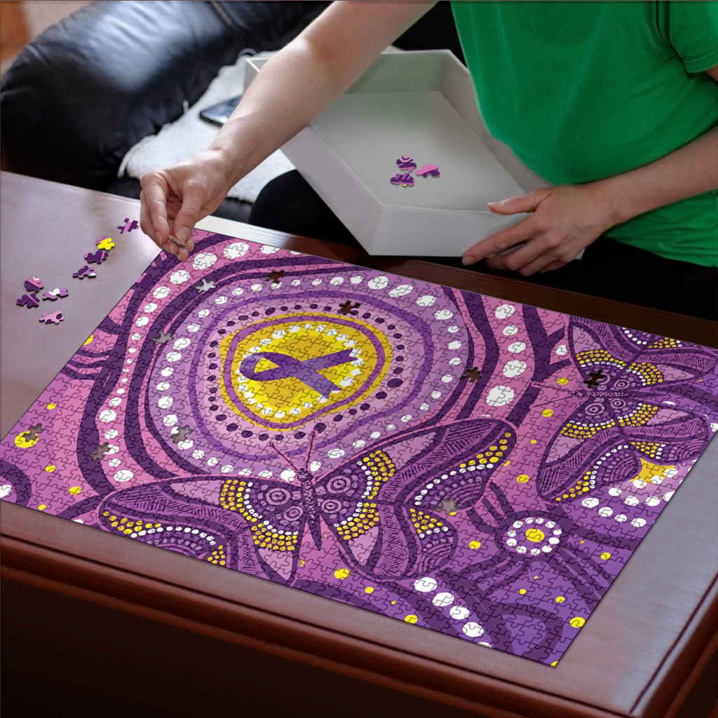 Australia Indigenous World Cancer Day Purple Aboriginal Puzzle Butterfly Ribbon