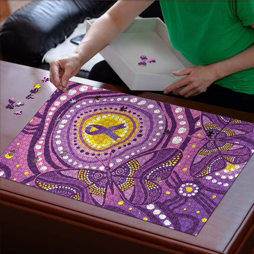 Australia Indigenous World Cancer Day Purple Aboriginal Puzzle Butterfly Ribbon
