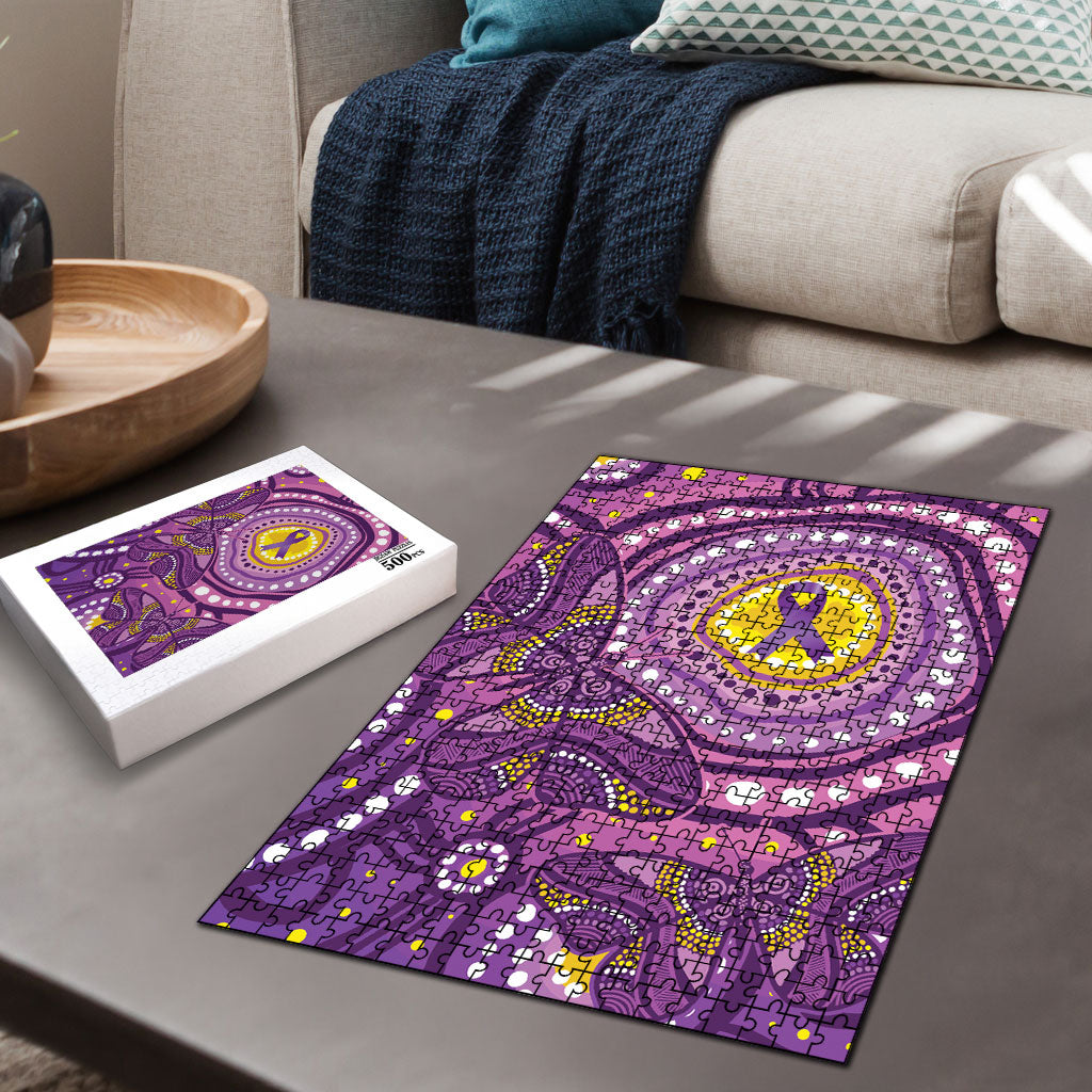 Australia Indigenous World Cancer Day Purple Aboriginal Puzzle Butterfly Ribbon