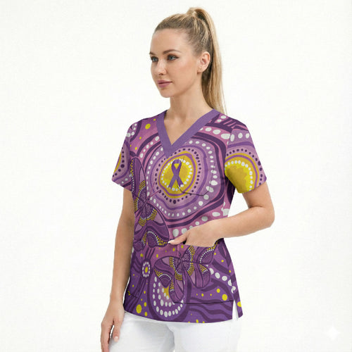 Australia Indigenous World Cancer Day Purple Aboriginal Scrub Top Butterfly Ribbon