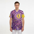 Australia Indigenous World Cancer Day Purple Aboriginal Scrub Top Butterfly Ribbon