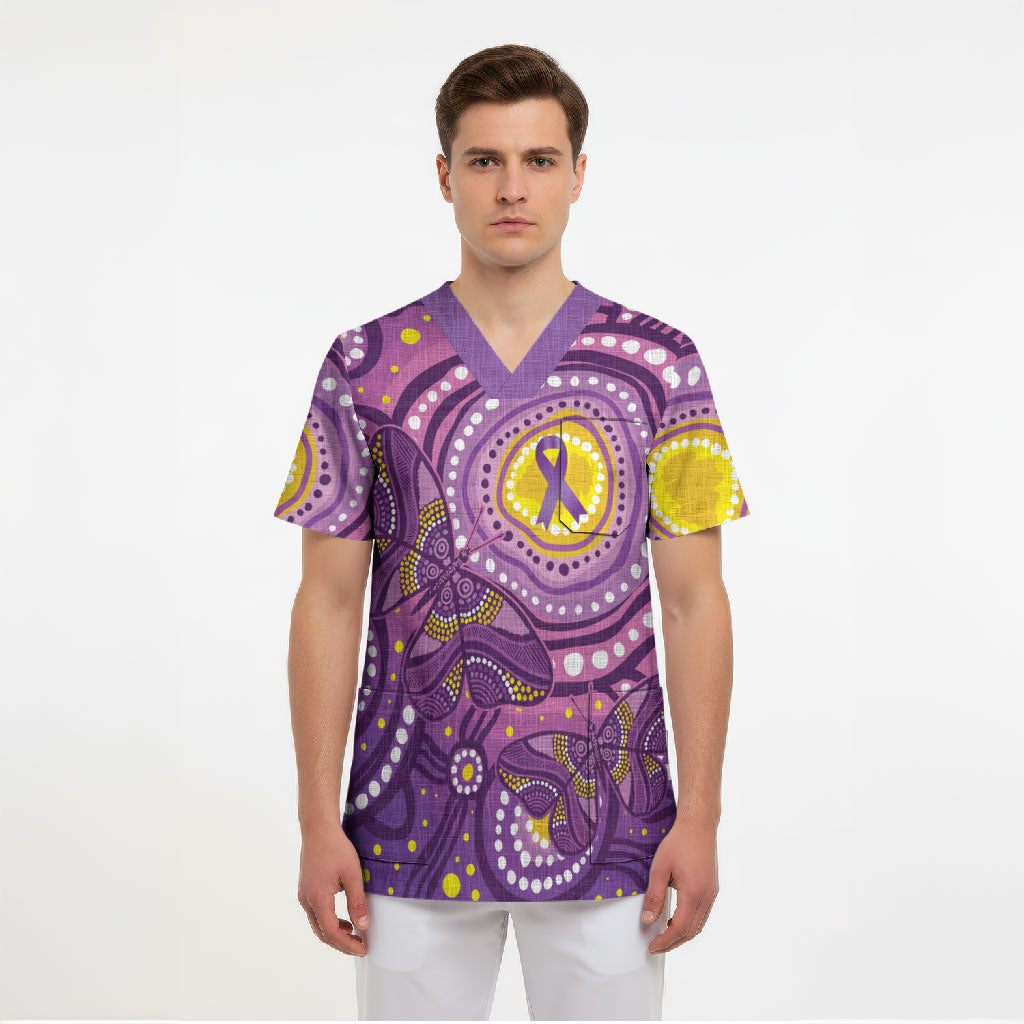 Australia Indigenous World Cancer Day Purple Aboriginal Scrub Top Butterfly Ribbon