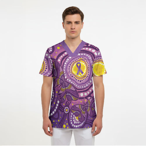Australia Indigenous World Cancer Day Purple Aboriginal Scrub Top Butterfly Ribbon