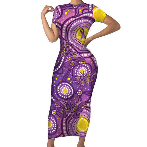 Australia Indigenous World Cancer Day Purple Aboriginal Short Sleeve Bodycon Dress Butterfly Ribbon