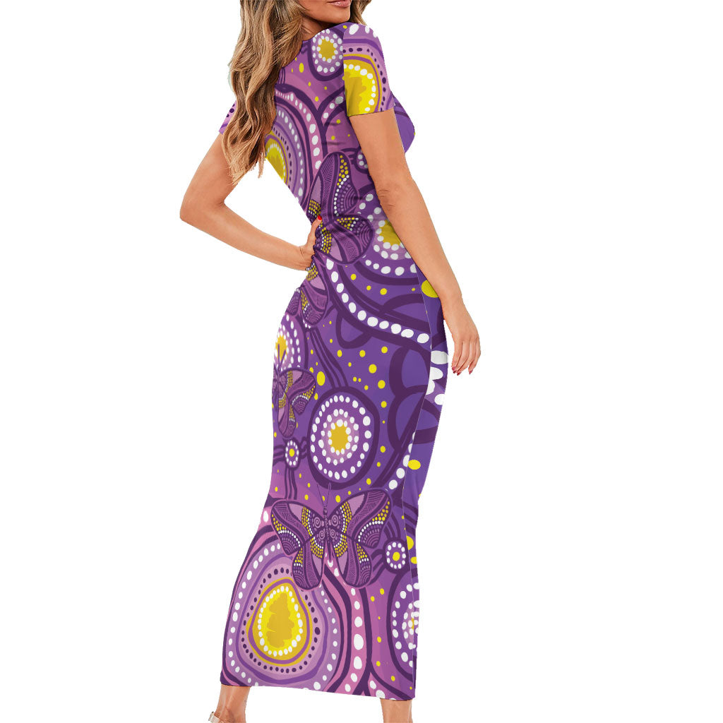 Australia Indigenous World Cancer Day Purple Aboriginal Short Sleeve Bodycon Dress Butterfly Ribbon