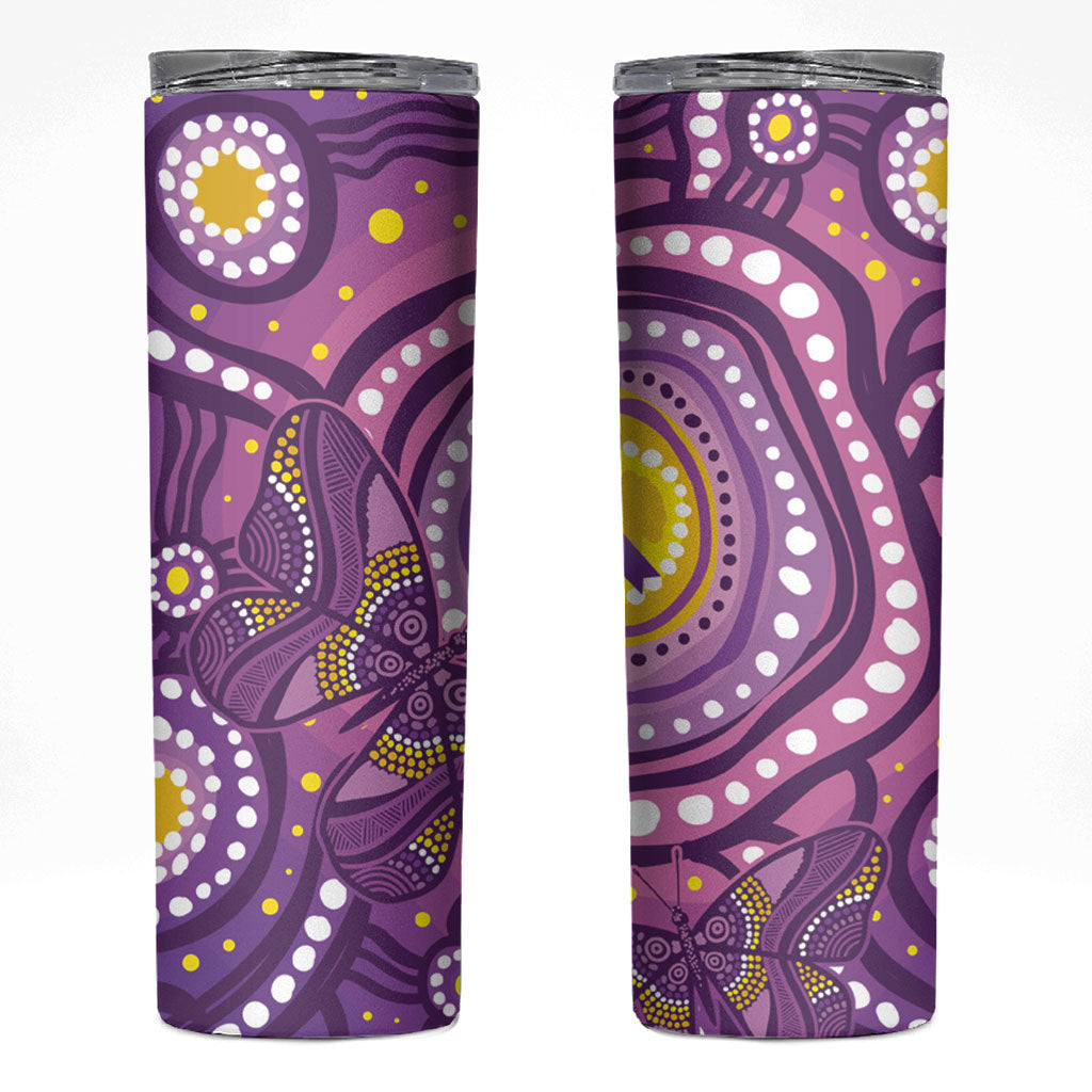 Australia Indigenous World Cancer Day Purple Aboriginal Skinny Tumbler Butterfly Ribbon