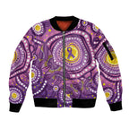 Australia Indigenous World Cancer Day Purple Aboriginal Sleeve Zip Bomber Jacket Butterfly Ribbon
