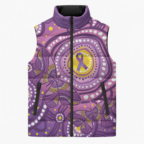 Australia Indigenous World Cancer Day Purple Aboriginal Sleeveless Puffer Jacket Butterfly Ribbon