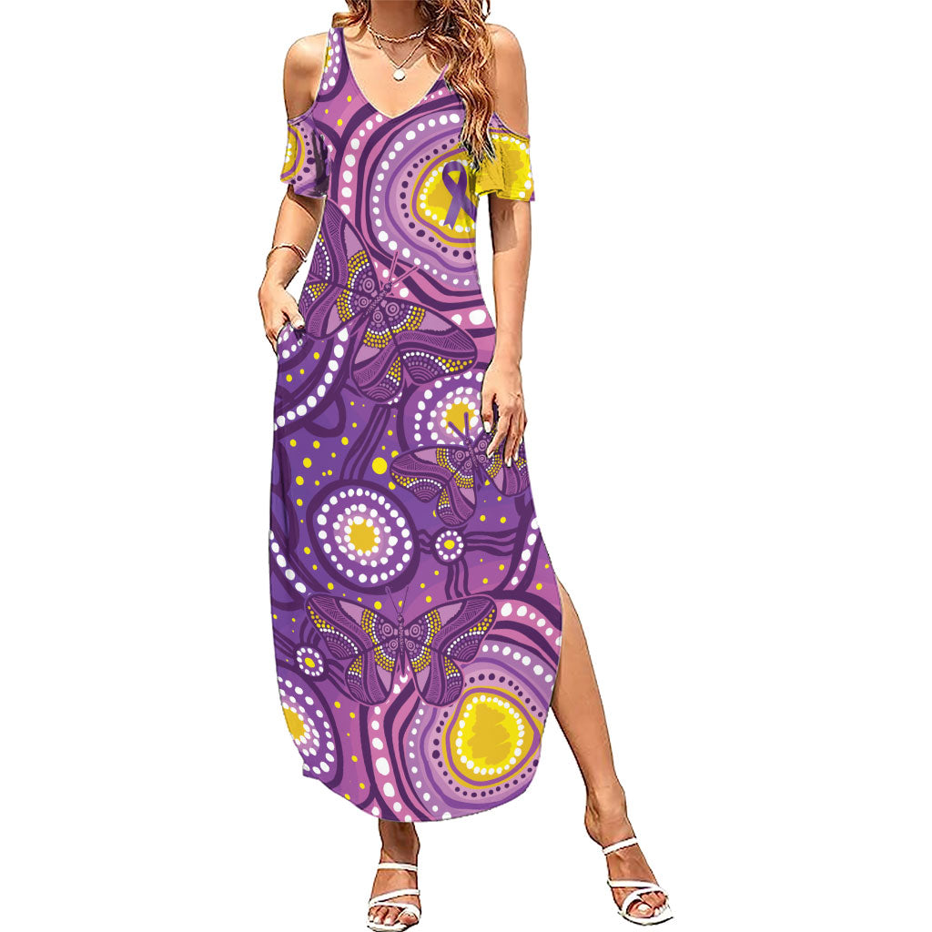 Australia Indigenous World Cancer Day Purple Aboriginal Summer Maxi Dress Butterfly Ribbon
