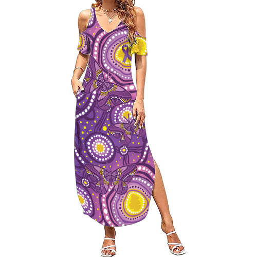 Australia Indigenous World Cancer Day Purple Aboriginal Summer Maxi Dress Butterfly Ribbon