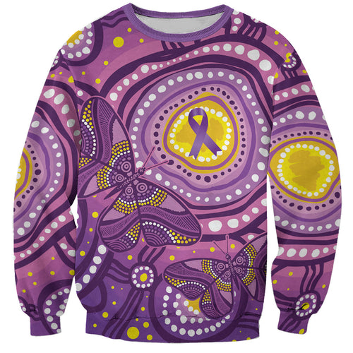 Australia Indigenous World Cancer Day Purple Aboriginal Sweatshirt Butterfly Ribbon