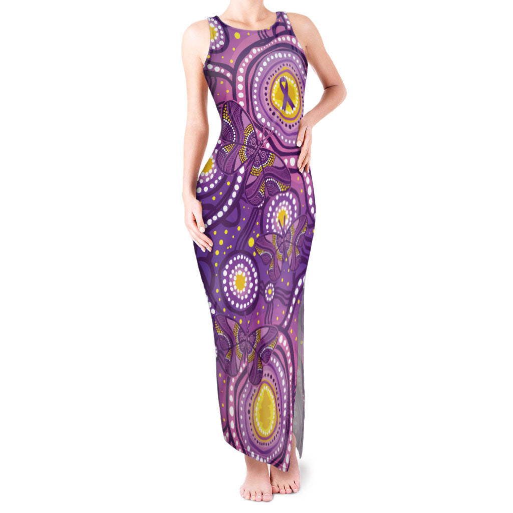 Australia Indigenous World Cancer Day Purple Aboriginal Tank Maxi Dress Butterfly Ribbon