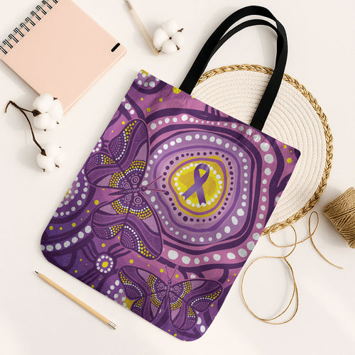 Australia Indigenous World Cancer Day Purple Aboriginal Tote Bag Butterfly Ribbon
