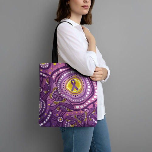 Australia Indigenous World Cancer Day Purple Aboriginal Tote Bag Butterfly Ribbon