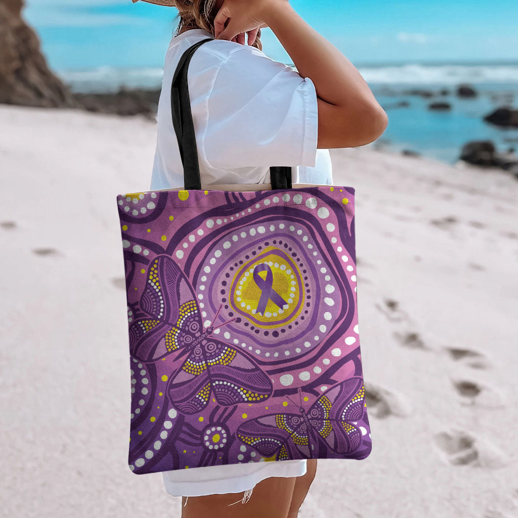 Australia Indigenous World Cancer Day Purple Aboriginal Tote Bag Butterfly Ribbon