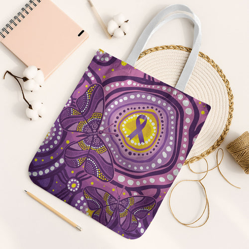 Australia Indigenous World Cancer Day Purple Aboriginal Tote Bag Butterfly Ribbon