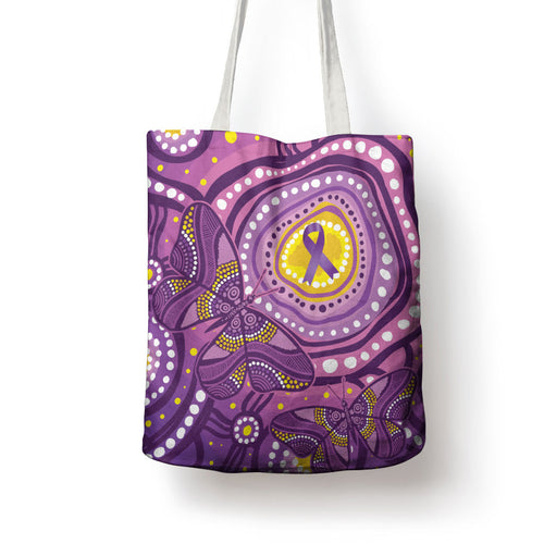 Australia Indigenous World Cancer Day Purple Aboriginal Tote Bag Butterfly Ribbon