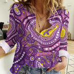 Australia Indigenous World Cancer Day Purple Aboriginal Women Casual Shirt Butterfly Ribbon