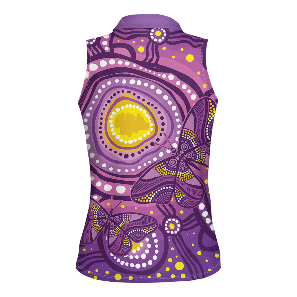 Australia Indigenous World Cancer Day Purple Aboriginal Women Sleeveless Polo Shirt Butterfly Ribbon