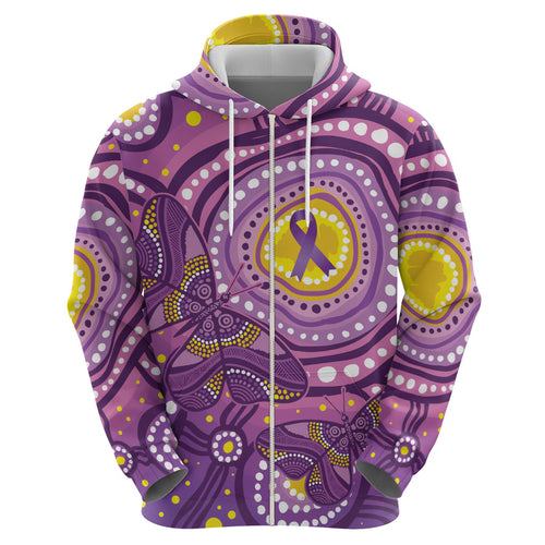Australia Indigenous World Cancer Day Purple Aboriginal Zip Hoodie Butterfly Ribbon
