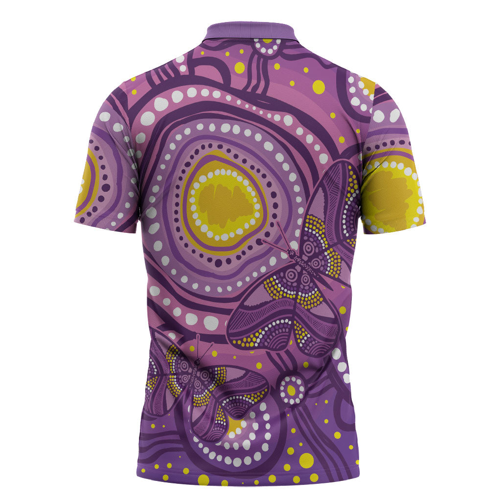 Australia Indigenous World Cancer Day Purple Aboriginal Zipper Polo Shirt Butterfly Ribbon