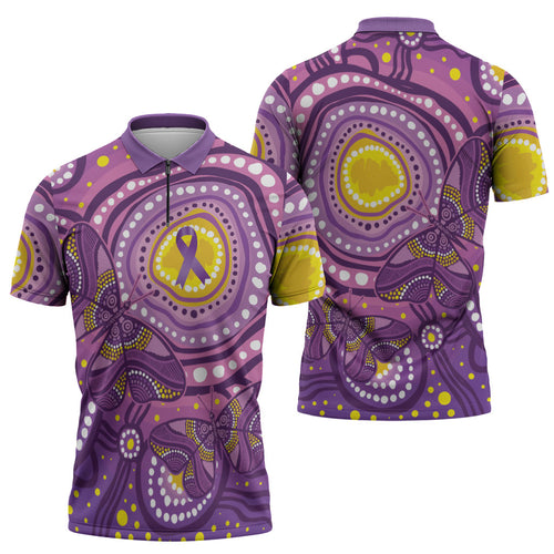 Australia Indigenous World Cancer Day Purple Aboriginal Zipper Polo Shirt Butterfly Ribbon