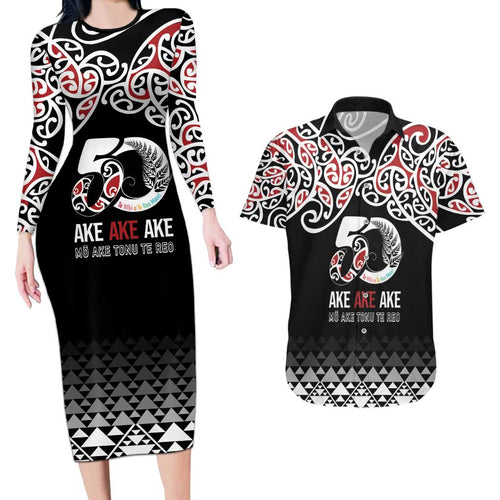 Kia Kaha Te Reo Maori Couples Matching Long Sleeve Bodycon Dress and Hawaiian Shirt 50 Years Mo Ake Tonu Te Reo - Aussie Hoodie