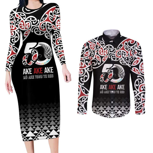 Kia Kaha Te Reo Maori Couples Matching Long Sleeve Bodycon Dress and Long Sleeve Button Shirt 50 Years Mo Ake Tonu Te Reo - Aussie Hoodie