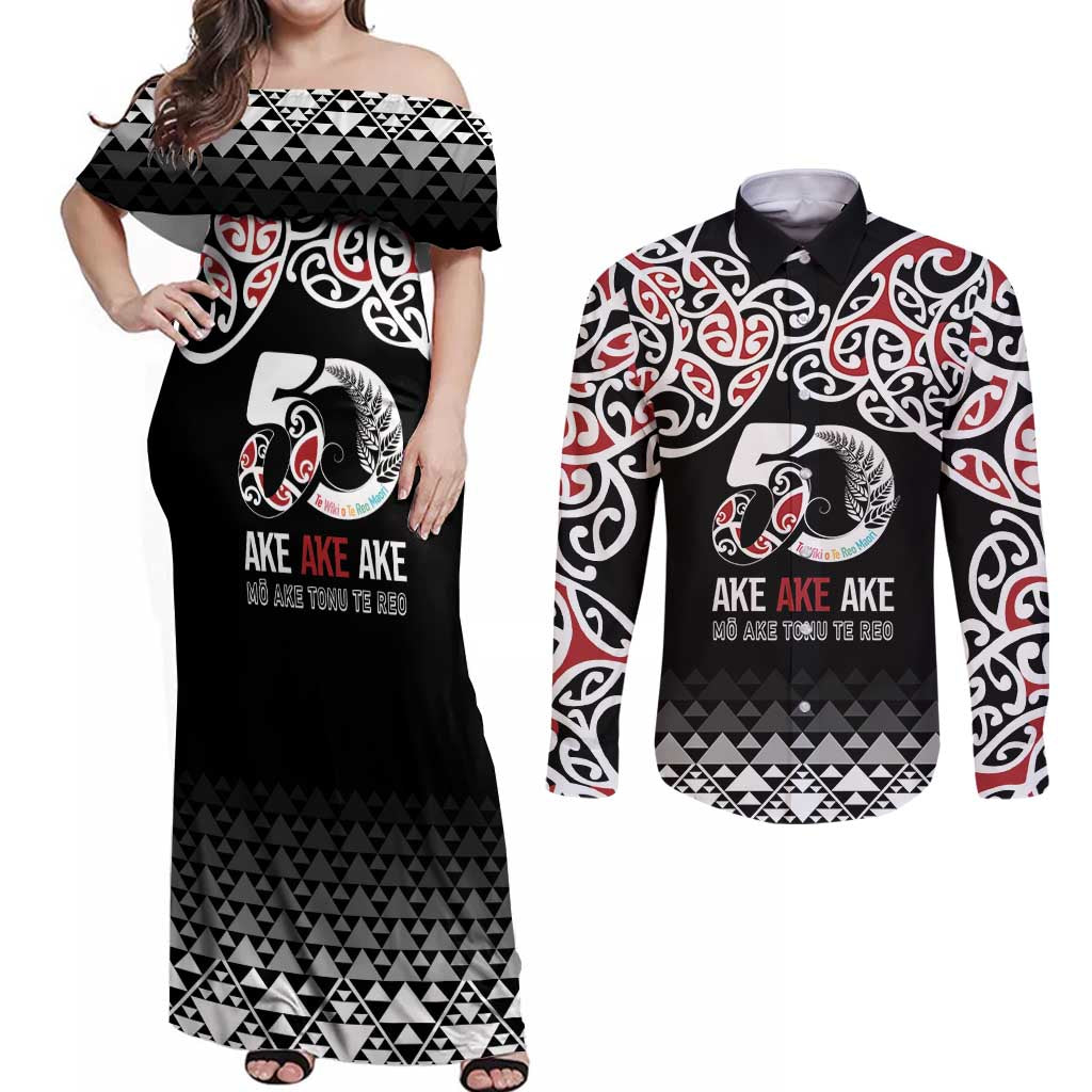 Kia Kaha Te Reo Maori Couples Matching Off Shoulder Maxi Dress and Long Sleeve Button Shirt 50 Years Mo Ake Tonu Te Reo - Aussie Hoodie