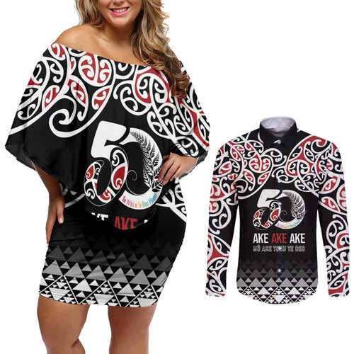Kia Kaha Te Reo Maori Couples Matching Off Shoulder Short Dress and Long Sleeve Button Shirt 50 Years Mo Ake Tonu Te Reo - Aussie Hoodie