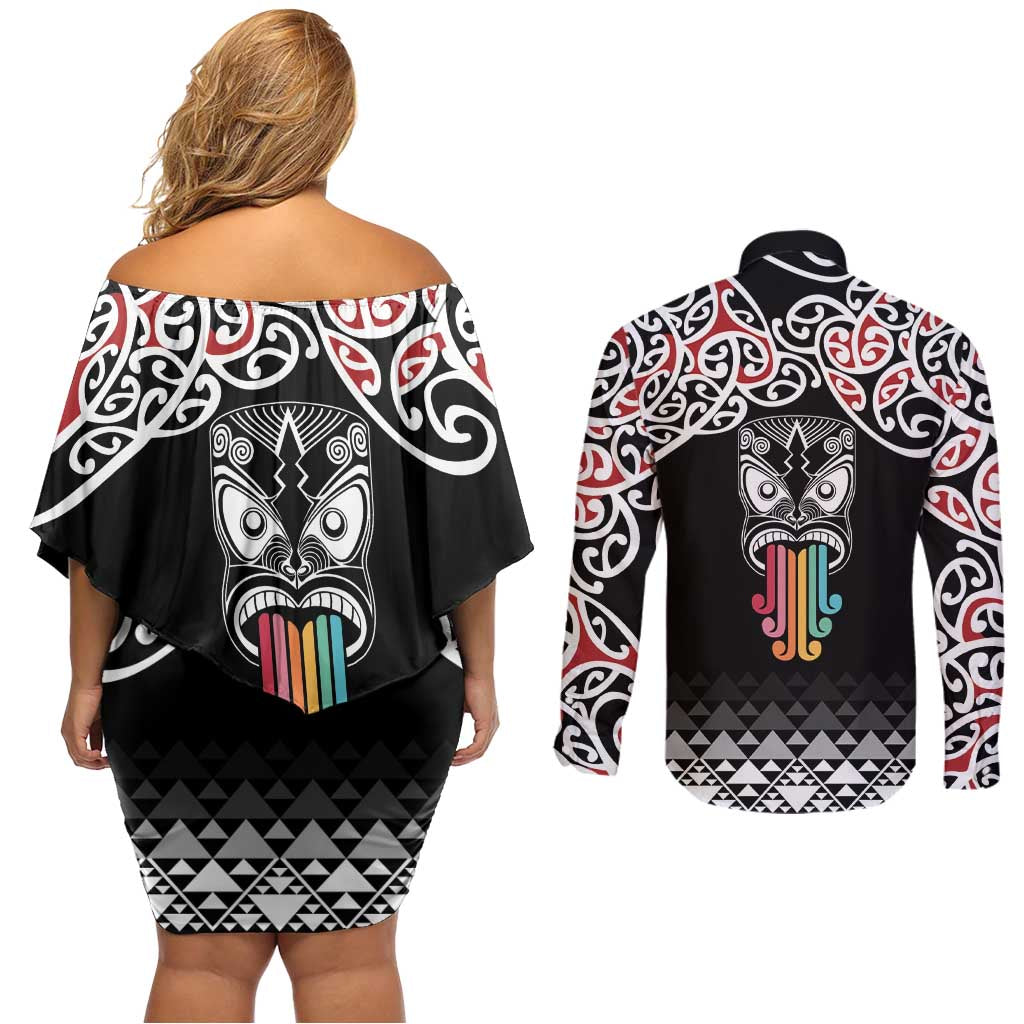 Kia Kaha Te Reo Maori Couples Matching Off Shoulder Short Dress and Long Sleeve Button Shirt 50 Years Mo Ake Tonu Te Reo - Aussie Hoodie