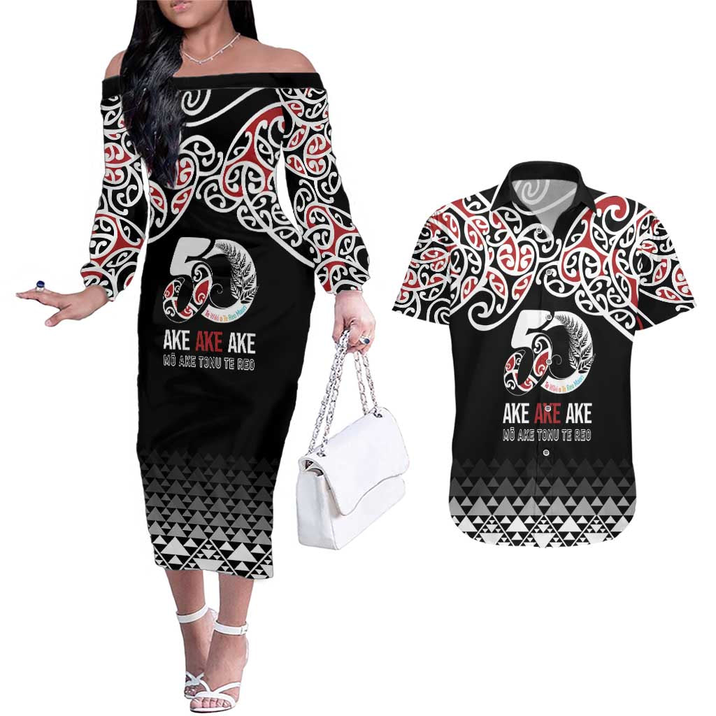 Kia Kaha Te Reo Maori Couples Matching Off The Shoulder Long Sleeve Dress and Hawaiian Shirt 50 Years Mo Ake Tonu Te Reo - Aussie Hoodie