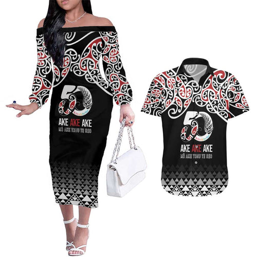 Kia Kaha Te Reo Maori Couples Matching Off The Shoulder Long Sleeve Dress and Hawaiian Shirt 50 Years Mo Ake Tonu Te Reo - Aussie Hoodie