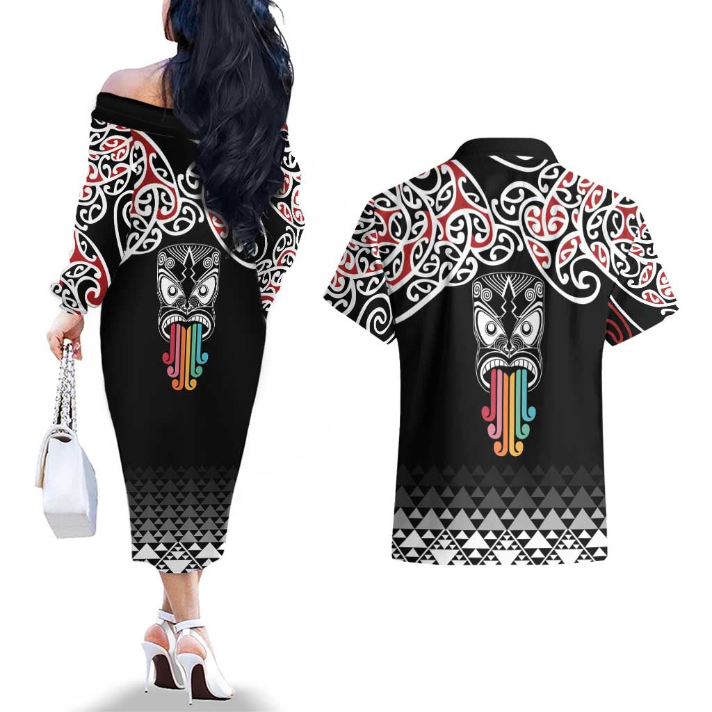 Kia Kaha Te Reo Maori Couples Matching Off The Shoulder Long Sleeve Dress and Hawaiian Shirt 50 Years Mo Ake Tonu Te Reo - Aussie Hoodie