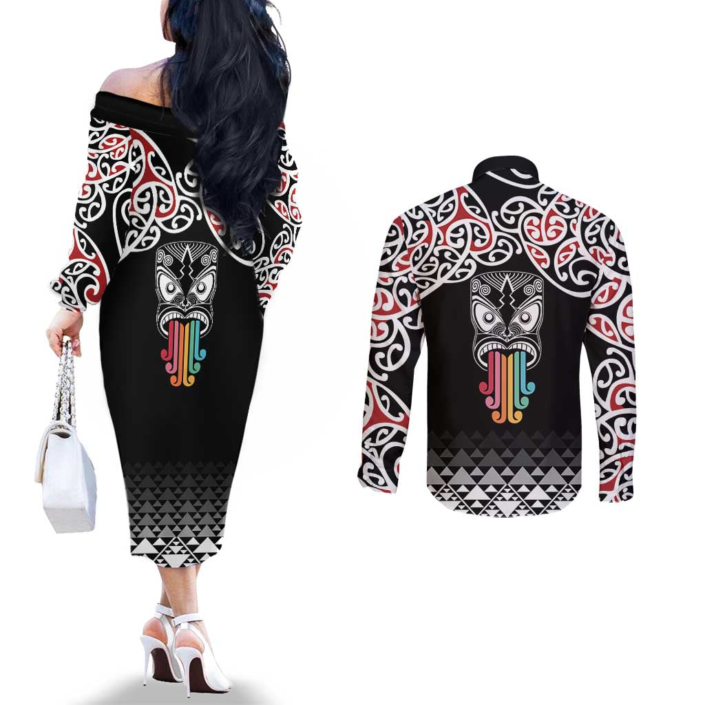 Kia Kaha Te Reo Maori Couples Matching Off The Shoulder Long Sleeve Dress and Long Sleeve Button Shirt 50 Years Mo Ake Tonu Te Reo - Aussie Hoodie