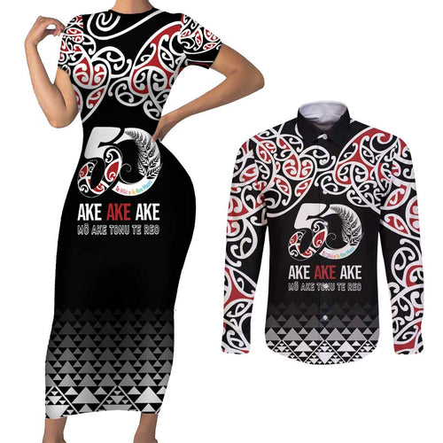 Kia Kaha Te Reo Maori Couples Matching Short Sleeve Bodycon Dress and Long Sleeve Button Shirt 50 Years Mo Ake Tonu Te Reo - Aussie Hoodie