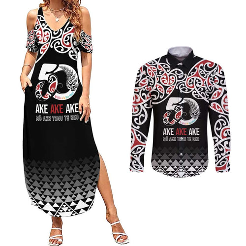 Kia Kaha Te Reo Maori Couples Matching Summer Maxi Dress and Long Sleeve Button Shirt 50 Years Mo Ake Tonu Te Reo - Aussie Hoodie