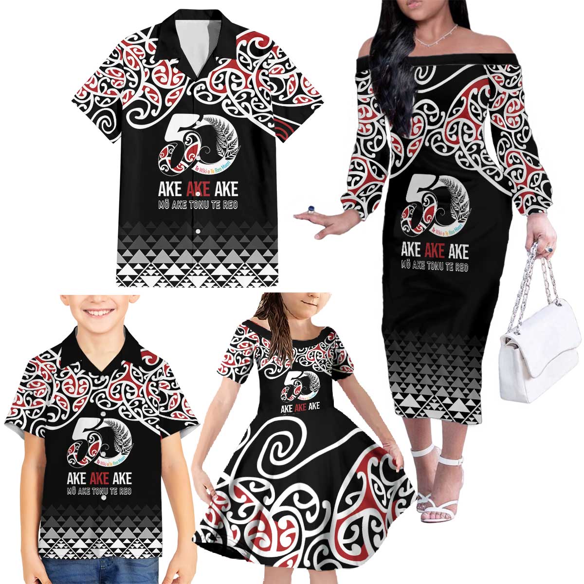 Kia Kaha Te Reo Maori Family Matching Off The Shoulder Long Sleeve Dress and Hawaiian Shirt 50 Years Mo Ake Tonu Te Reo - Aussie Hoodie