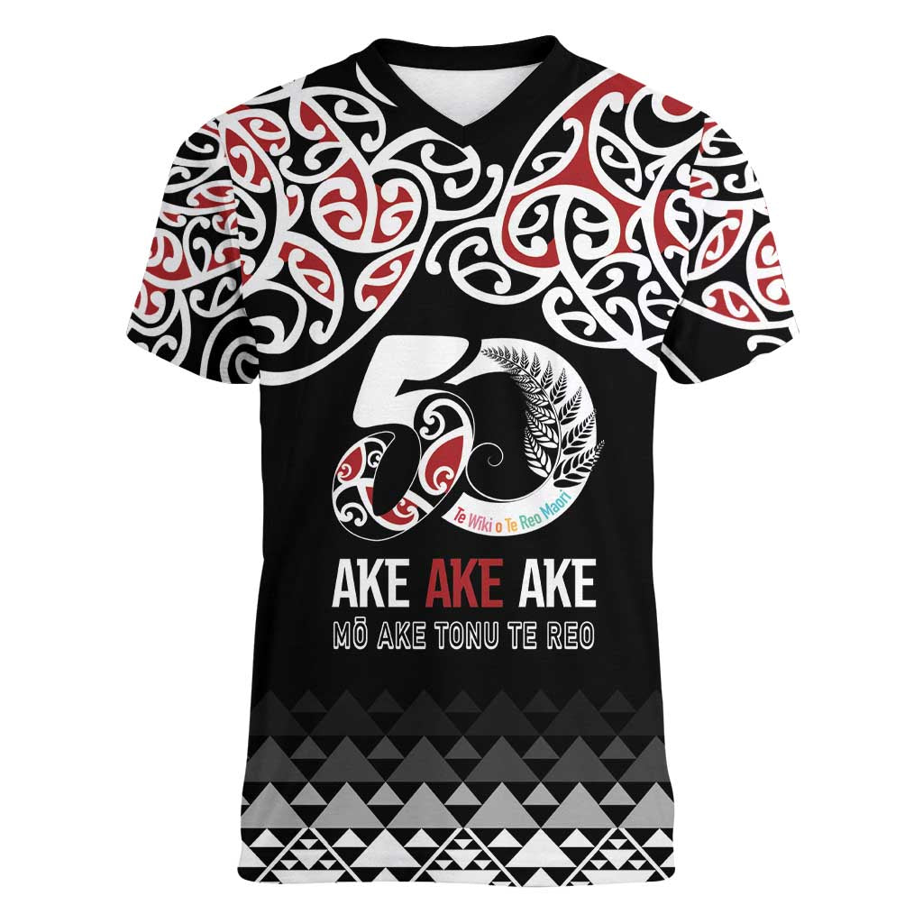 Kia Kaha Te Reo Maori Women V-Neck T-Shirt 50 Years Mo Ake Tonu Te Reo - Aussie Hoodie