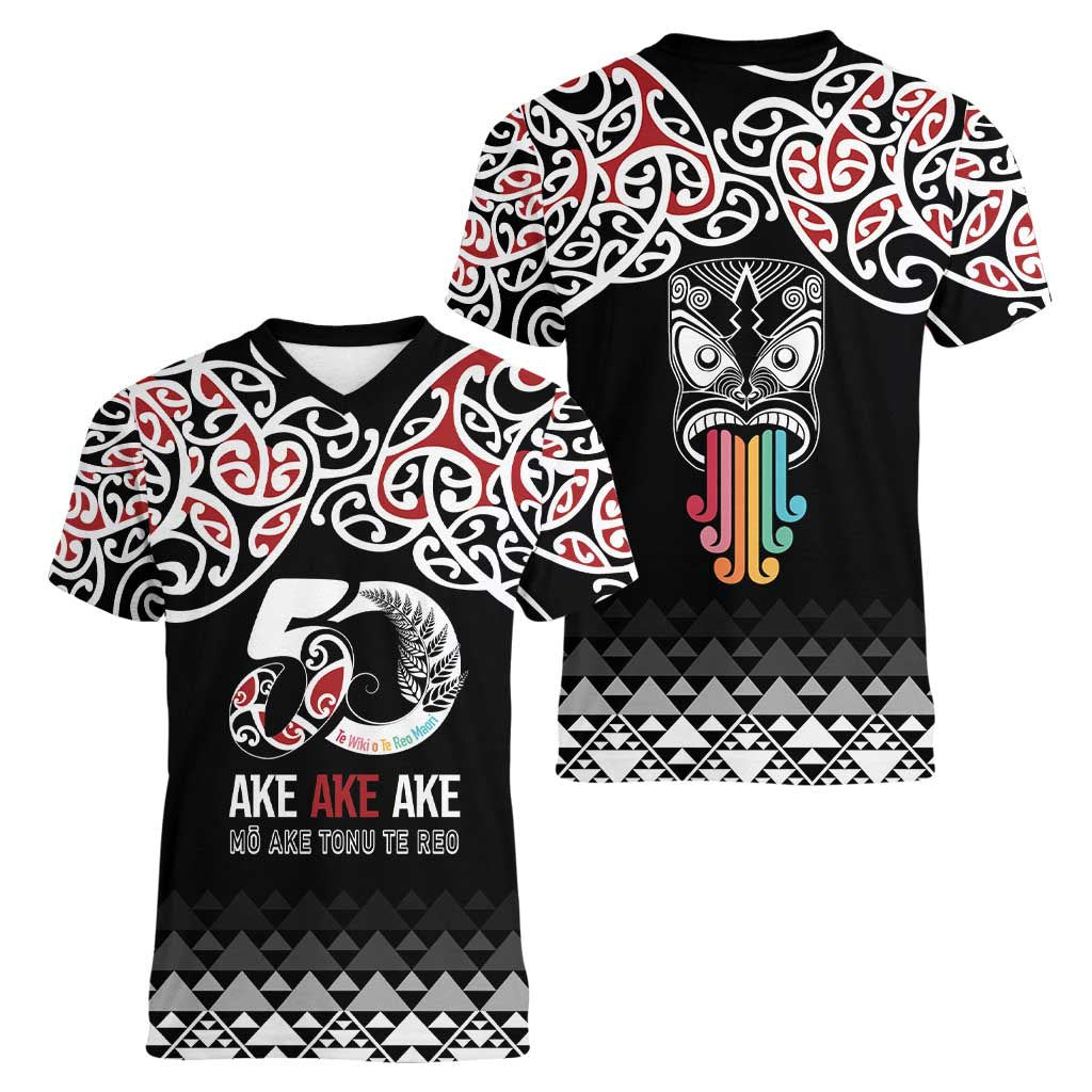 Kia Kaha Te Reo Maori Women V-Neck T-Shirt 50 Years Mo Ake Tonu Te Reo - Aussie Hoodie