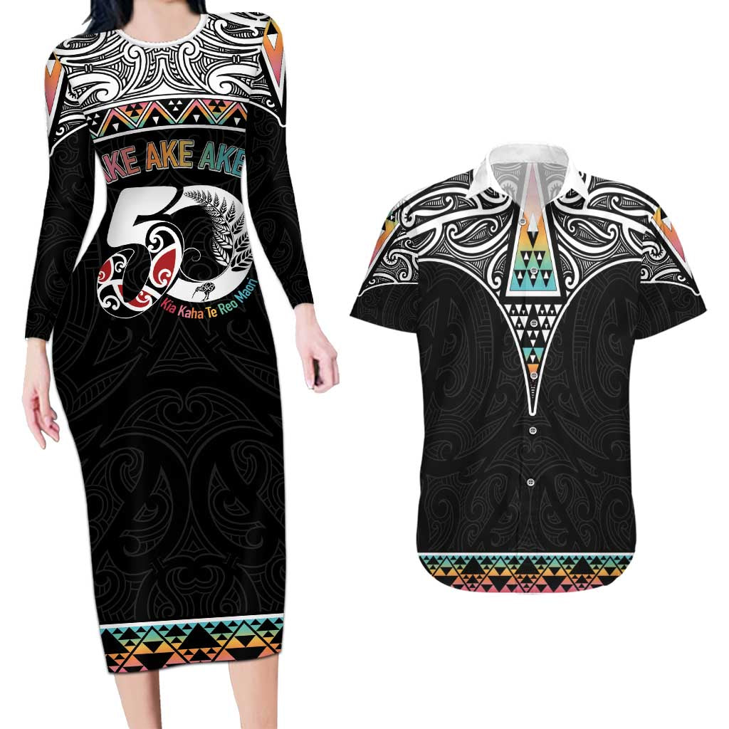50 Years Kia Kaha Te Reo Maori Couples Matching Long Sleeve Bodycon Dress and Hawaiian Shirt Ake Ake Ake! - Aussie Hoodie